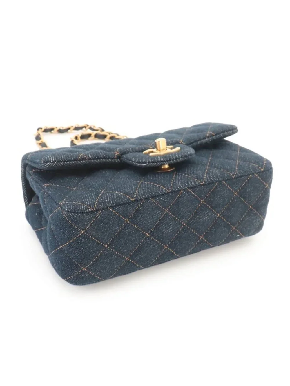 Chanel Mini Quilted Classic Chain Shoulder Bag Denim Dark Blue Gold